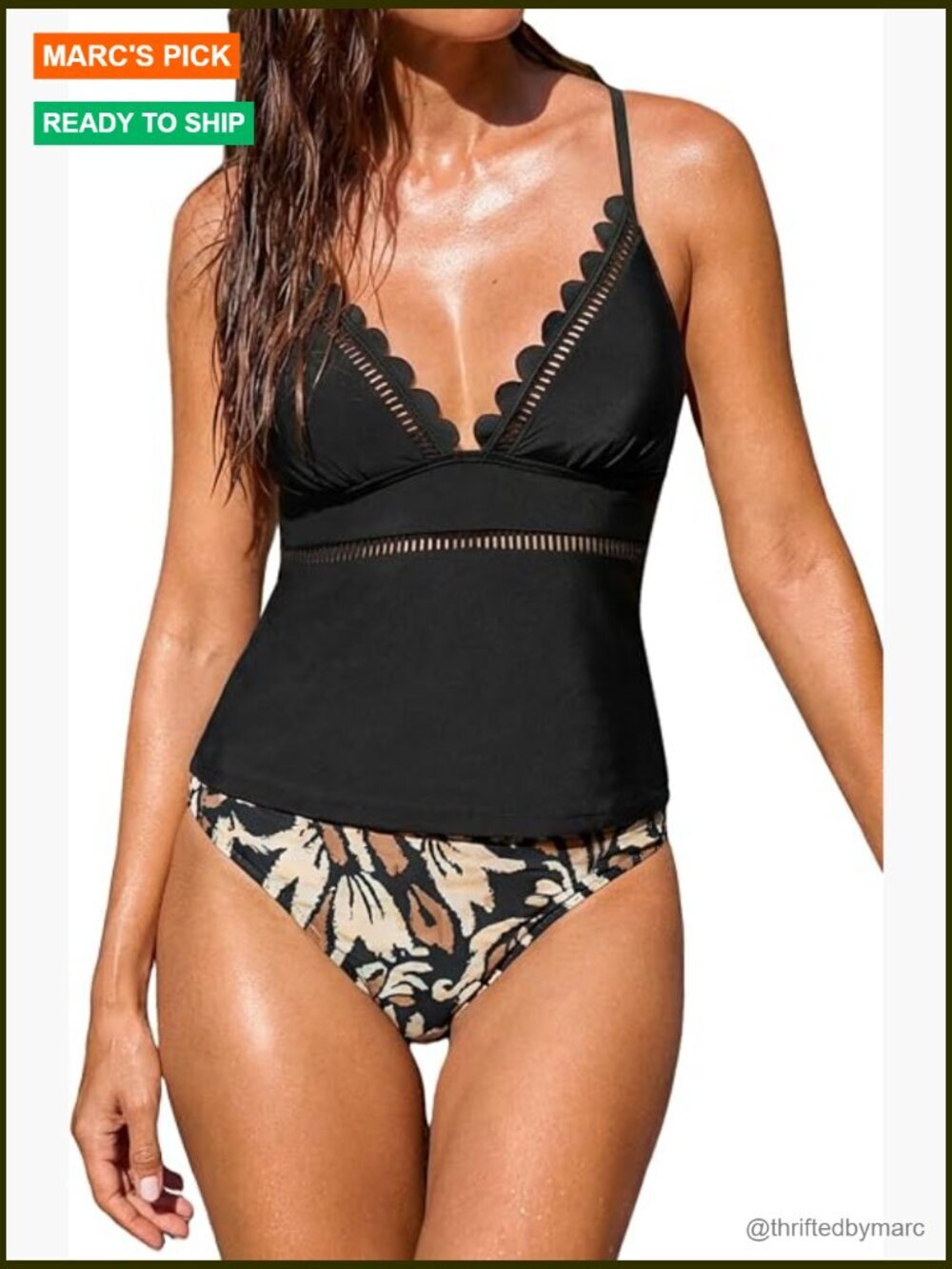 Tankini Set Scalloped V Neck Cutouts Self Tie Adjustable Mid Rise Swimwear